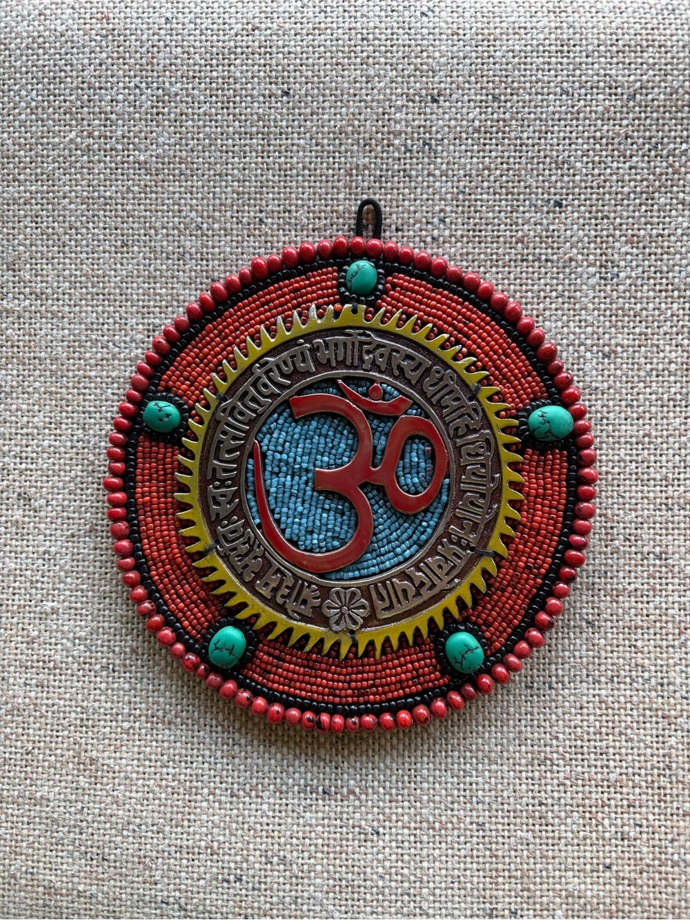 Handcrafted Beaded OM Wall Hanging Plaque. Metal & turquoise, Jasper. India